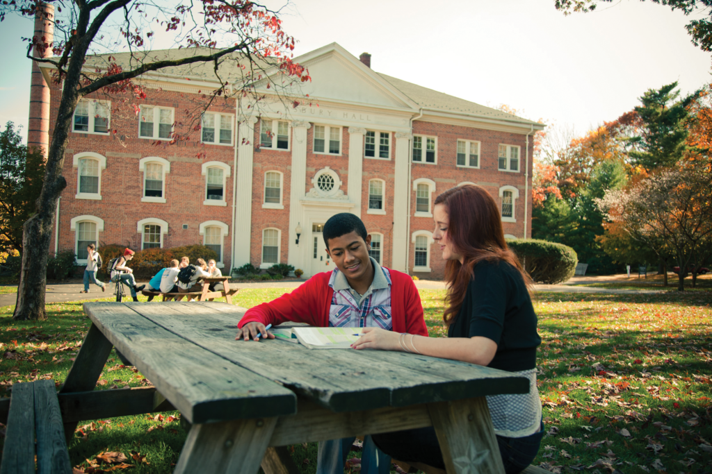Students studying together outside on a bench